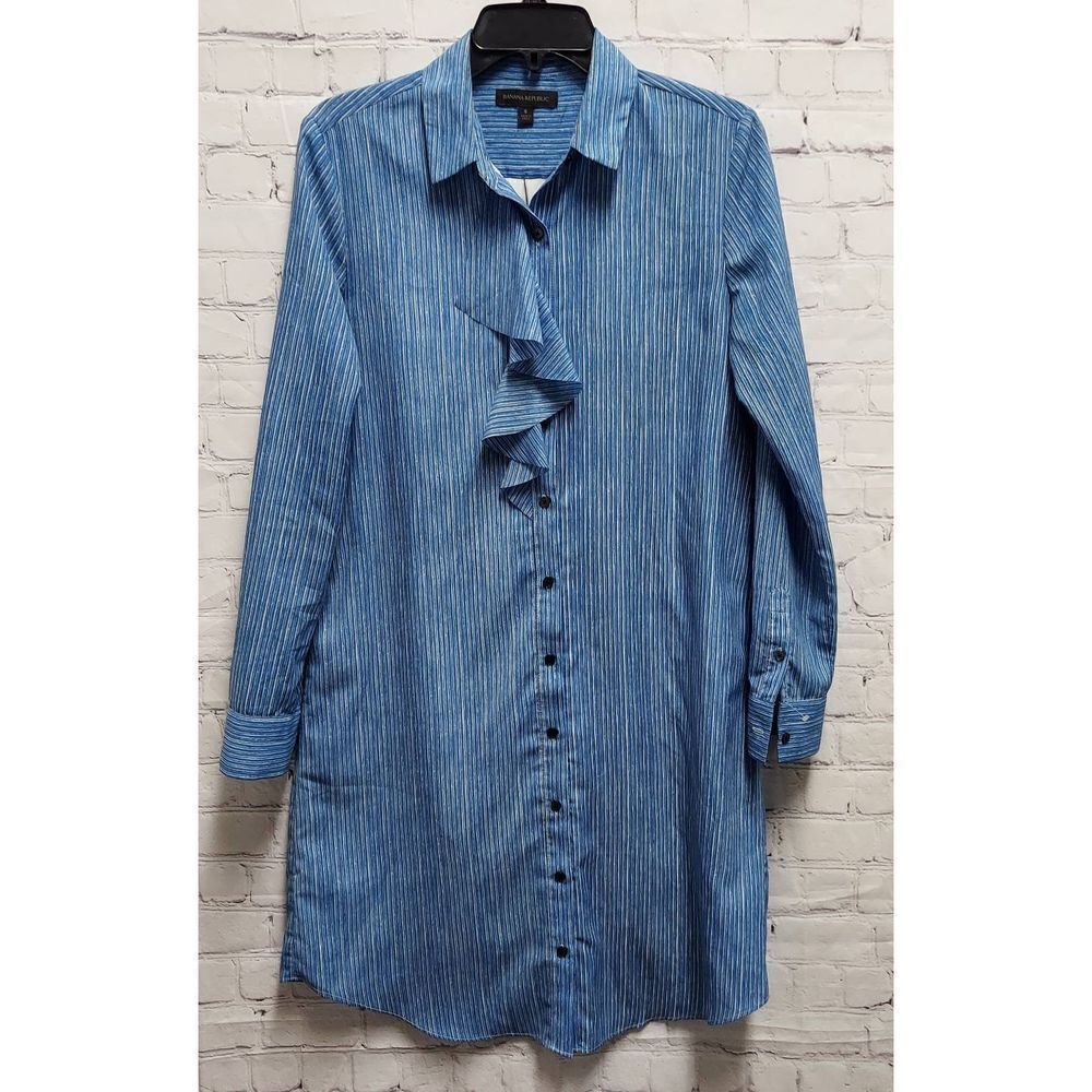 Banana Repulic Womens Sheath Dress Lined Button Up Ruffle Blue White Stripe S